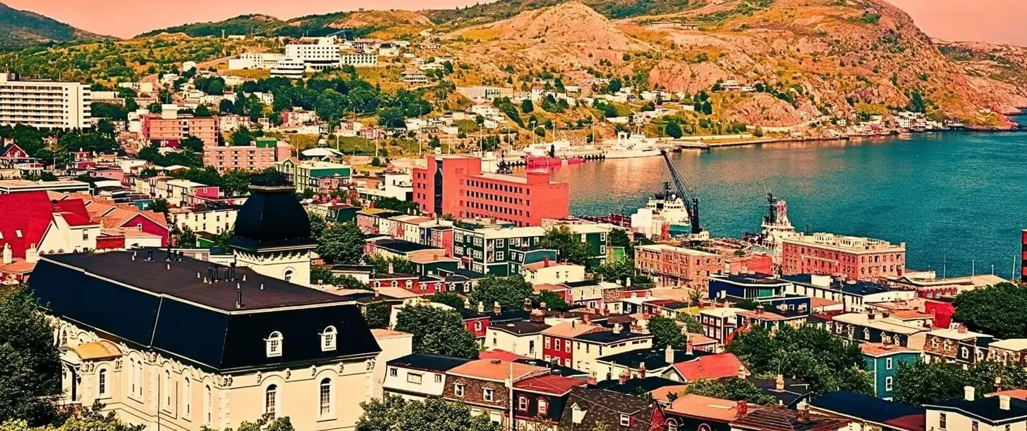 Panoramic view over downtown St. John's, Newfoundland, with colourful rooftops, Signal Hill and the harbour
